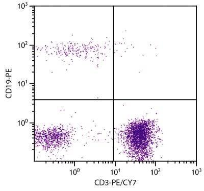 Human peripheral blood lymphocytes were stained with Mouse Anti-Human CD3-PE/CY7 (SB Cat. No. 9515-17) and Mouse Anti-Human CD19-PE (SB Cat. No. 9340-09).