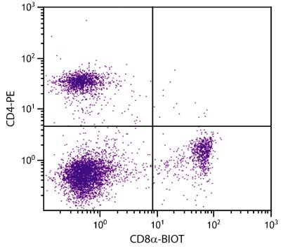 C57BL/6 mouse splenocytes were stained with Rat Anti-Mouse CD8α-BIOT (SB Cat. No. 1550-08) and Rat Anti-Mouse CD4-PE (SB Cat. No. 1540-09) followed by Streptavidin-FITC (SB Cat. No. 7100-02).