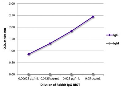 ELISA plate was coated with Goat Anti-Rabbit IgG-UNLB (SB Cat. No. 4030-01) and Goat Anti-Rabbit IgM-UNLB (SB Cat. No. 4020-01).  Serially diluted Rabbit IgG-BIOT (SB Cat. No. 0111-08) was captured followed by Streptavidin-HRP (SB Cat. No. 7100-05) and quantified.