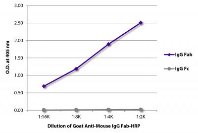 ELISA plate was coated with purified mouse IgG Fab and IgG Fc.  Immunoglobulins were detected with serially diluted Goat Anti-Mouse IgG Fab-HRP (SB Cat. No. 1015-05).