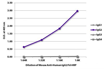 ELISA plate was coated with purified human IgG<sub>1</sub>, IgG<sub>2</sub>, IgG<sub>3</sub>, and IgG<sub>4</sub>.  Immunoglobulins were detected with serially diluted Mouse Anti-Human IgG<sub>2</sub> Fd-HRP (SB Cat. No. 9080-05).