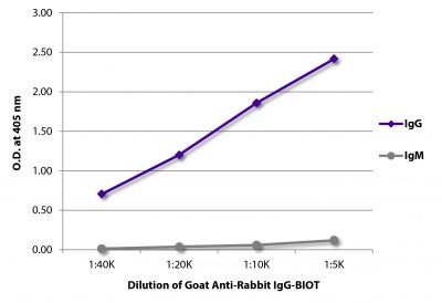 ELISA plate was coated with purified rabbit IgG and IgM.  Immunoglobulins were detected with serially diluted Goat Anti-Rabbit IgG-BIOT (SB Cat. No. 4030-08) followed by Streptavidin-HRP (SB Cat. No. 7100-05).