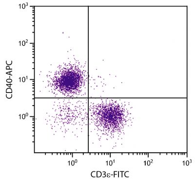 BALB/c mouse splenocytes were stained with Rat Anti-Mouse CD40-APC (SB Cat. No. 1645-11) and Rat Anti-Mouse CD3ε-FITC (SB Cat. No. 1535-02).