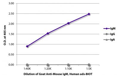 ELISA plate was coated with purified mouse IgM, IgG, and IgA.  Immunoglobulins were detected with serially diluted Goat Anti-Mouse IgM, Human ads-BIOT (SB Cat. No. 1020-08) followed by Streptavidin-HRP (SB Cat. No. 7100-05).
