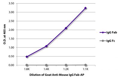 ELISA plate was coated with purified mouse IgG Fab and IgG Fc.  Immunoglobulins were detected with serially diluted Goat Anti-Mouse IgG Fab-AP (SB Cat. No. 1015-04).