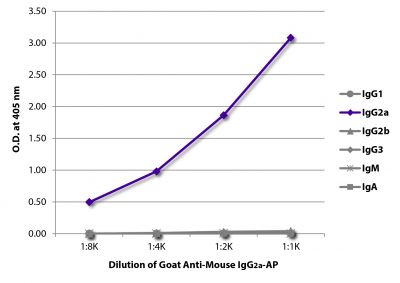 ELISA plate was coated with purified mouse IgG<sub>1</sub>, IgG<sub>2a</sub>, IgG<sub>2b</sub>, IgG<sub>3</sub>, IgM, and IgA.  Immunoglobulins were detected with serially diluted Goat Anti-Mouse IgG<sub>2a</sub>-AP (SB Cat. No. 1081-04).