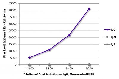 FLISA plate was coated with purified human IgG, IgM, and IgA.  Immunoglobulins were detected with serially diluted Goat Anti-Human IgG, Mouse ads-AF488 (SB Cat. No. 2044-30).