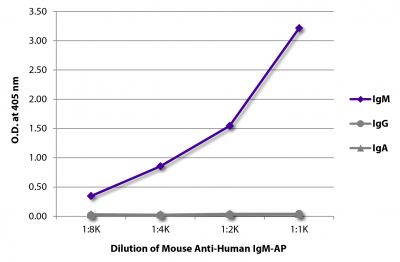 ELISA plate was coated with purified human IgM, IgG, and IgA.  Immunoglobulins were detected with serially diluted Mouse Anti-Human IgM-AP (SB Cat. No. 9022-04).