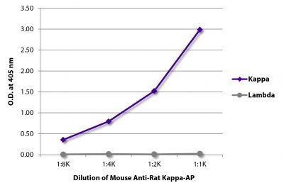 ELISA plate was coated with purified rat IgG<sub>1</sub>κ, IgG<sub>2a</sub>λ, IgG<sub>2a</sub>λ, IgG<sub>2b</sub>κ, IgG<sub>2b</sub>λ, IgG<sub>2c</sub>κ, IgMκ, and IgMλ.  Immunoglobulins were detected with serially diluted Mouse Anti-Rat Kappa-AP (SB Cat. No. 3090-04).