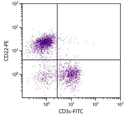 BALB/c mouse splenocytes were stained with Rat Anti-Mouse CD22-PE (SB Cat. No. 1580-09) and Rat Anti-Mouse CD3ε-FITC (SB Cat. No. 1535-02).