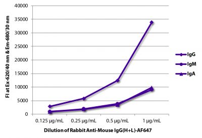FLISA plate was coated with purified mouse IgG, IgM, and IgA.  Immunoglobulins were detected with Rabbit Anti-Mouse IgG(H+L)-AF647 (SB Cat. No. 6170-31).