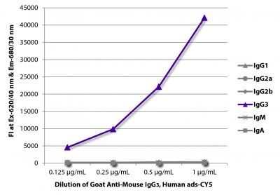 FLISA plate was coated with purified mouse IgG<sub>1</sub>, IgG<sub>2a</sub>, IgG<sub>2b</sub>, IgG<sub>3</sub>, IgM, and IgA.  Immunoglobulins were detected with serially diluted Goat Anti-Mouse IgG<sub>3</sub>, Human ads-CY5 (SB Cat. No. 1100-15).