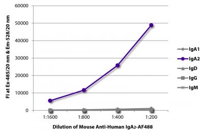 FLISA plate was coated with purified human IgA<sub>1</sub>, IgA<sub>2</sub>, IgD, IgG, and IgM.  Immunoglobulins were detected with serially diluted Mouse Anti-Human IgA<sub>2</sub>-AF488 (SB Cat. No. 9140-30).