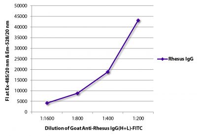 FLISA plate was coated with purified rhesus IgG.  Immunoglobulin was detected with Goat Anti-Rhesus IgG(H+L)-FITC (SB Cat. No. 6200-02).