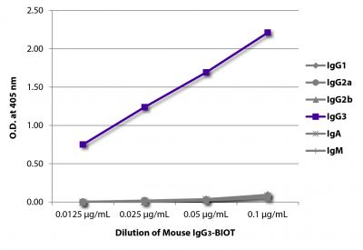 ELISA plate was coated with Goat Anti-Mouse IgG<sub>1</sub>, Human ads-UNLB (SB Cat. No. 1070-01), Goat Anti-Mouse IgG<sub>2a</sub>, Human ads-UNLB (SB Cat. No. 1080-01), Goat Anti-Mouse IgG<sub>2b</sub>, Human ads-UNLB (SB Cat. No. 1090-01), Goat Anti-Mouse IgG<sub>3</sub>, Human ads-UNLB (SB Cat. No. 1100-01), Goat Anti-Mouse IgA-UNLB (SB Cat. No. 1040-01), and Goat Anti-Mouse IgM, Human ads-UNLB (SB Cat. No. 1020-01).  Serially diluted Mouse IgG<sub>3</sub>-BIOT (SB Cat. No. 0105-08) was captured followed by Streptavidin-HRP (SB Cat. No. 7100-05) and quantified.