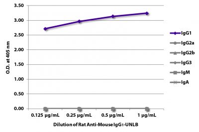 ELISA plate was coated with purified mouse IgG<sub>1</sub>, IgG<sub>2a</sub>, IgG<sub>2b</sub>, IgG<sub>3</sub>, IgM, and IgA.  Immunoglobulins were detected with serially diluted Rat Anti-Mouse IgG<sub>1</sub>-UNLB (SB Cat. No. 1144-01) followed by Mouse Anti-Rat IgG<sub>2b</sub>-HRP (SB Cat. No. 3070-05).