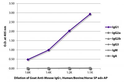 ELISA plate was coated with purified mouse IgG<sub>1</sub>, IgG<sub>2a</sub>, IgG<sub>2b</sub>, IgG<sub>3</sub>, IgM, and IgA.  Immunoglobulins were detected with serially diluted Goat Anti-Mouse IgG<sub>1</sub>, Human/Bovine/Horse SP ads-AP (SB Cat. No. 1073-04).