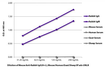 ELISA plate was coated with purified rabbit IgG and IgM and mouse, human, goat, and sheep serum.  Immunoglobulins and sera were detected with serially diluted Mouse Anti-Rabbit IgG(H+L), Mouse/Human/Goat/Sheep SP ads-UNLB (SB Cat. No. 4091-01) followed by Goat Anti-Mouse IgG, Human ads-HRP (SB Cat. No. 1030-05).