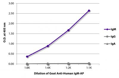 ELISA plate was coated with purified human IgM, IgG, and IgA.  Immunoglobulins were detected with serially diluted Goat Anti-Human IgM-AP (SB Cat. No. 2020-04).