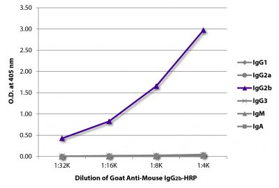 ELISA plate was coated with purified mouse IgG<sub>1</sub>, IgG<sub>2a</sub>, IgG<sub>2b</sub>, IgG<sub>3</sub>, IgM, and IgA.  Immunoglobulins were detected with serially diluted Goat Anti-Mouse IgG<sub>2b</sub>-HRP (SB Cat. No. 1091-05).