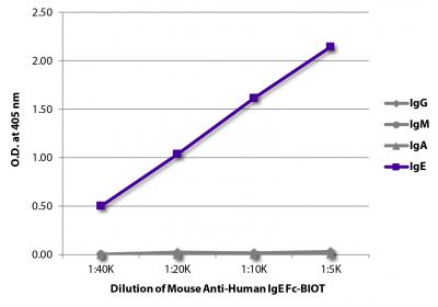 ELISA plate was coated with purified human IgG, IgM, IgA, and IgE.  Immunoglobulins were detected with serially diluted Mouse Anti-Human IgE Fc-BIOT (SB Cat. No. 9250-08) followed by Streptavidin-HRP (SB Cat. No. 7100-05).