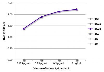 ELISA plate was coated with serially diluted Mouse IgG<sub>2b</sub>-UNLB (SB Cat. No. 0104-01).  Immunoglobulin was detected with Goat Anti-Mouse IgG<sub>1</sub>, Human ads-BIOT (SB Cat. No. 1070-08), Goat Anti-Mouse IgG<sub>2a</sub>, Human ads-BIOT (SB Cat. No. 1080-08), Goat Anti-Mouse IgG<sub>2b</sub>, Human ads-BIOT (SB Cat. No. 1090-08), Goat Anti-Mouse IgG<sub>3</sub>, Human ads-BIOT (SB Cat. No. 1100-08), Goat Anti-Mouse IgA-BIOT (SB Cat. No. 1040-08), and Goat Anti-Mouse IgM, Human ads-BIOT (SB Cat. No. 1020-08) followed by Streptavidin-HRP (SB Cat No. 7100-05) and quantified.