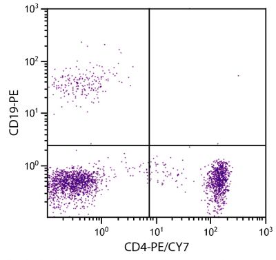 Human peripheral blood lymphocytes were stained with Mouse Anti-Human CD4-PE/CY7 (SB Cat. No. 9522-17) and Mouse Anti-Human CD19-PE (SB Cat. No. 9340-09).