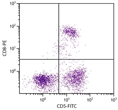 Feline peripheral blood lymphocytes were stained with Mouse Anti-Feline CD5-FITC (SB Cat. No. 8100-02) and Mouse Anti-Feline CD8-PE (SB Cat. No. 8120-09).