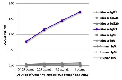 ELISA plate was coated with purified mouse IgG<sub>1</sub>, IgG<sub>2a</sub>, IgG<sub>2b</sub>, IgG<sub>3</sub>, IgM, and IgA and human IgG, IgM, and IgA.  Immunoglobulins were detected with serially diluted Goat Anti-Mouse IgG<sub>3</sub>, Human ads-UNLB (SB Cat. No. 1100-01) followed by Swine Anti-Goat IgG(H+L), Human/Rat/Mouse SP ads-HRP (SB Cat. No. 6300-05).