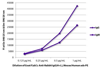 FLISA plate was coated with purified rabbit IgG and IgM.  Immunoglobulins were detected with serially diluted Goat F(ab')<sub>2</sub> Anti-Rabbit IgG(H+L), Mouse/Human ads-PE (SB Cat. No. 4052-09).